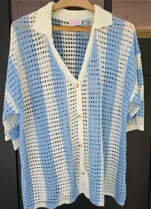 NUEVO Conjunto de pantalones y top de traje de baño tejido abierto rosa lirio azul y blanco - Imagen 1 de 9