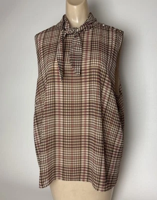 Blusa Ann Taylor Mujer XL Cuadros Sin Mangas Top Simulado Corbata Cuello Botón Detalle Foto 1 de 4