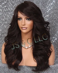Human Hair Blend Long Open Curly Full Wig Dark Brown Bangs Heat OK 4 RBPO - Picture 1 of 13