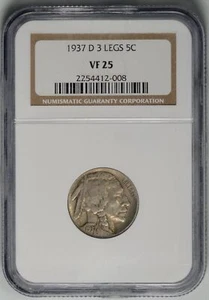 1937-D 5c BUFFALO NICKEL 3 LEGS * NGC VF25 * #2254412-008 - Picture 1 of 5