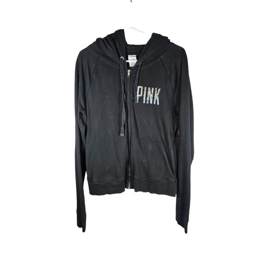 UNDERCOVER Felpa con cappuccio Victoria's Secret rosa Y2K nera paillettes arcobaleno grande scintillante zip anteriore