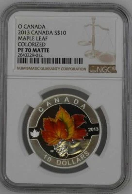 2013 CANADA $10 MAPLE LEAF w COLOR - NGC PF70 MATTE /w BOX - SILVER - Image 1 of 2