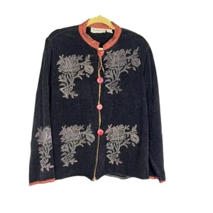 Flashback Jacket Women M Black Wooden Floral Embroidery Retro 80s Grandma Boho - Picture 1 of 12