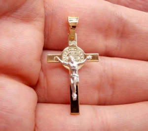 18K Gold SAINT BENEDICT Cross Crucifix Pendant Real 18K Solid Gold - SAVE 20%! - Picture 1 of 8