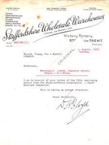 VICTORY POTTERY STAFFORD STAFFORDSHIRE STOKE TRENT VINTAGE LETTER 1938 POTTERIES - Picture 1 of 1