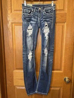 M91 Machine Skinny Distressed Thick Stitch Rhinestone Denim Jeans Womens 26 - Image 1 of 3