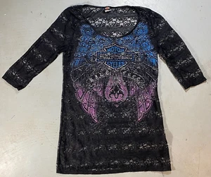 Harley Davidson Black lace Dress / top 3/4 length Sleeves Size Large USA - Picture 1 of 5