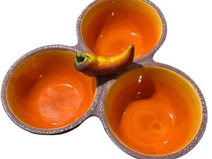 Serving Dish by Clay Art  (3) Part Condiment Server w/ Chili Pepper on Top - Picture 1 of 15
