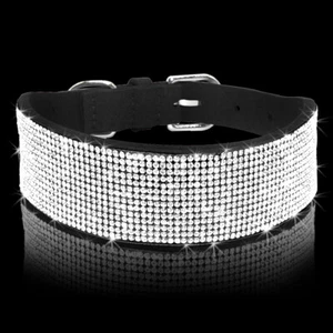 2" Wide Full Bling Rhinestone Suede Pet Doggie Dog Collars Diamante Black S M L - Picture 1 of 13