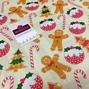 £2.75 Cream gingerbread Candy Cane Christmas Printed Polycotton 110 cm MD1514 - Picture 1 of 9