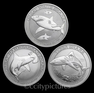 All (3) 1/2 oz Great White Hammerhead & Tiger Silver Australian Shark BU Coins - Picture 1 of 2