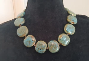 Collar Cerámica Azul Verde azulado Manchas Esmalte Plano Cuentas Cuadradas 20" DECLARACIÓN - Imagen 1 de 6