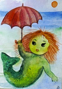ACEO watercolor painting Dora Pilssala original fantasy Mermaid with umbrella - Picture 1 of 2