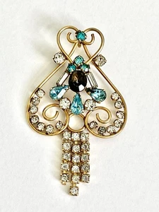 Vintage HARPER Pendant 12K GF Blue Clear Rhinestones Signed Mid Century - Picture 1 of 8