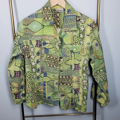 Chaqueta Chicos Paisley Mujer Talla 1/Mediana Verde Multicolor Denim Botón Estampado Hoja Foto 1 de 4