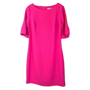 Trina Turk Shift Dress Womens Sz 2 Bright Pink Bell Sleeves Back Zip Satin Lined - Picture 1 of 7