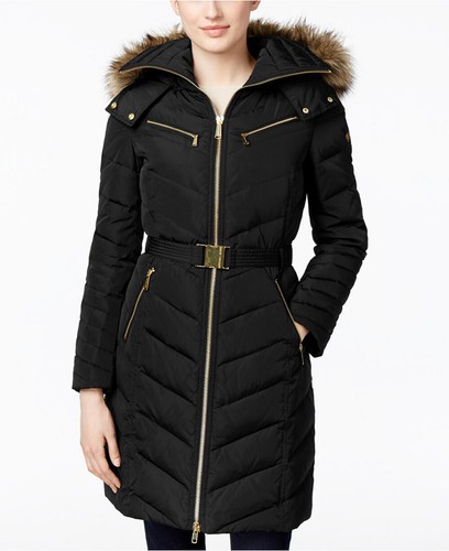 MICHAEL Michael Kors cappotto imbottito con cintura e cappuccio in pelliccia sintetica XXL nero era $330