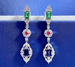 Blue Sapphires, Green Emeralds, Pink Tourmalines & Lab-Created Diamonds Earrings - Picture 1 of 5