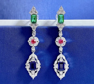 Blue Sapphires, Green Emeralds, Pink Tourmalines & Lab-Created Diamonds Earrings - Image 1 of 4