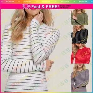 Womens Long Sleeve Crew Neck Stripe Thermal Soft Top Sweater T-Shirt Pullover - Picture 1 of 21