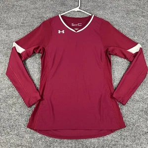 Under Armour Shirt Womens Medium Red Long Sleeve Fitted Heat Gear V Neck Active - Picture 1 of 11