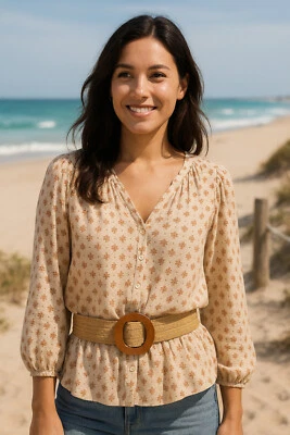 Ella Jonte Gürtel Stretchgürtel beige Holzschnalle braun Boho Ibiza Flechtgürtel - Bild 1 von 4