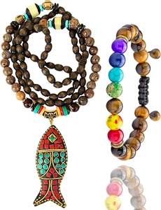 Bohemian Beaded Necklace for Women Long Boho Pendant Wood Mala Beads Wooden Stra - Picture 1 of 12