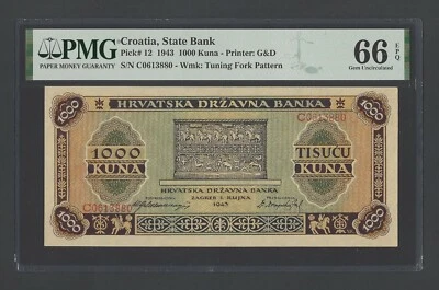 Croacia 1000 Kunas 1943 P12 Sin Circular Grado 66 Foto 1 de 2