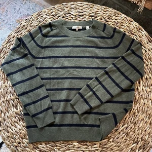 Vince Women’s M Wool Cashmere Blend. Navy Stripe On Green Crew Neck Sweater - Picture 1 of 5