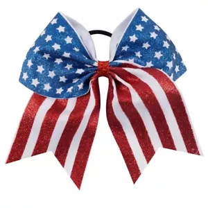 NEW "GLITTER AMERICAN FLAG" Cheer Hair Bow Pony Tail 7" Ribbon Cheerleading USA - Picture 1 of 1