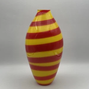 Bohemian Style Cased Art Glass Vase Yellow Spiral Red Swirl Heavy Hand Blown 11” - Picture 1 of 14