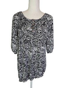 Notations Damen Tunika Oberteil, Gr. XL Paise Rundhals Kurzarm schwarz weiß - Bild 1 von 7