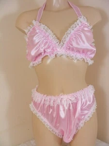 sissy pink satin bra panties set underwear top mens lingerie knickers OR WOMENS - Picture 1 of 8