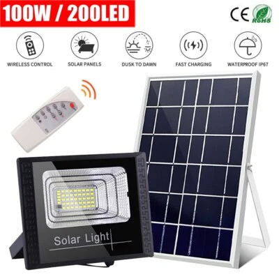 100W Solar 200 LED Floodlight Panel Street Lights Outdoor Waterproof w/ Remote