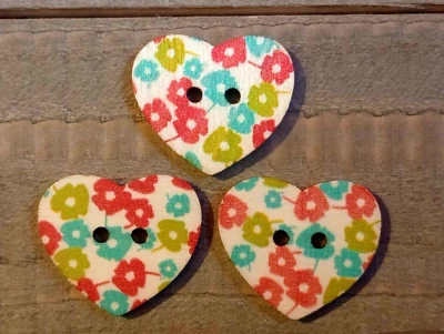3 Flower Heart Sewing Buttons Crafting Wood 2 Hole  1"  - Image 1 of 2