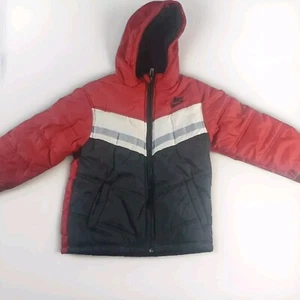 Vintage Kids Nike Puffer Jacket Size 6  RED Black White  Hooded Fleece Lined - Picture 1 of 13