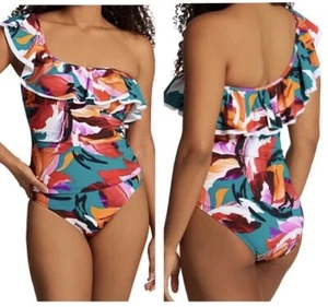 NUEVO CON ETIQUETAS $138 Talla 8 Perfil Por GOTTEX Sugar & Spice Un Hombro Volantes Una Pieza - Imagen 1 de 7