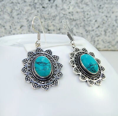 Damen Ohrringen begehrenswerte Edelstein Türkis Ohrringe Sterlingsilber 925  - Bild 1 von 2