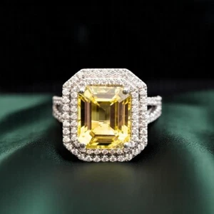 18K Gold Wedding Ring Real Diamond 9.20 Ct Emerald Cut Lab Grown Yellow Sapphire - Picture 1 of 9