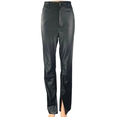 Pantalones para mujer Zara de cuero negro cintura alta pierna recta dobladillo dividido 6 Foto 1 de 4