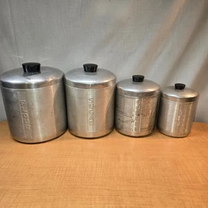 VTG 4 Nesting 1950s Aluminum MCM Kitchen Canister Set Flour Sugar Coffee Tea - Picture 1 of 18