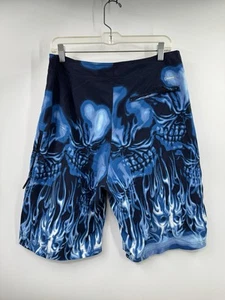 Anchor Blue Board Shorts Men’s 34 Skulls Flames All Over Print Y2K Surf - Picture 1 of 11
