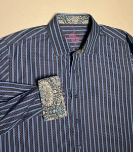 Robert Graham Shirt Men’s XL Blue Striped Paisley Trim Button Up Cotton Casual - Picture 1 of 10