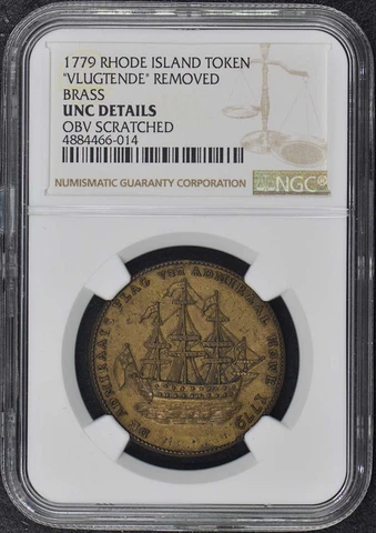 1779 Rhode Island Ship Token Brass Vlugtende NGC Unc Details Cover