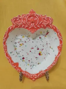 Ceramic Heart Plate Trinket Candy Dish 7.5" Orange Speckled Filigree Excellent  - Picture 1 of 7