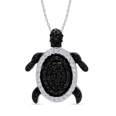 Pingente de tartaruga real diamante preto 18" colar prata esterlina 925 - Imagem 1 de 4