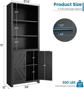 Tall Bookshelves, 5-Tier Farmhouse Bookshelf with Cabinet Doors, 71" Bookcase A+ - Picture 1 of 8
