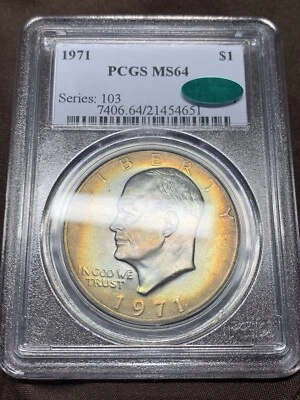 1971 Ike Eisenhower Dollar $1 MS64 PCGS CAC Rainbow  Toning. PQ! - Image 1 of 4