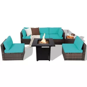 7 Pcs Patio Garden Furniture Sofa Set & 28" 50000 BTU Propane Gas Fire Pit Table - Picture 1 of 11