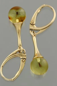 Fossil Insects BALTIC AMBER Round Beads Gold Plated Silver Earrings 3.2g 40502-3 - Picture 1 of 5